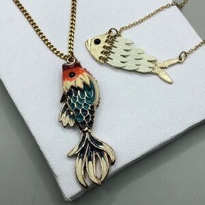 Curated bundle fish theme chain necklaces pendants gold tone.